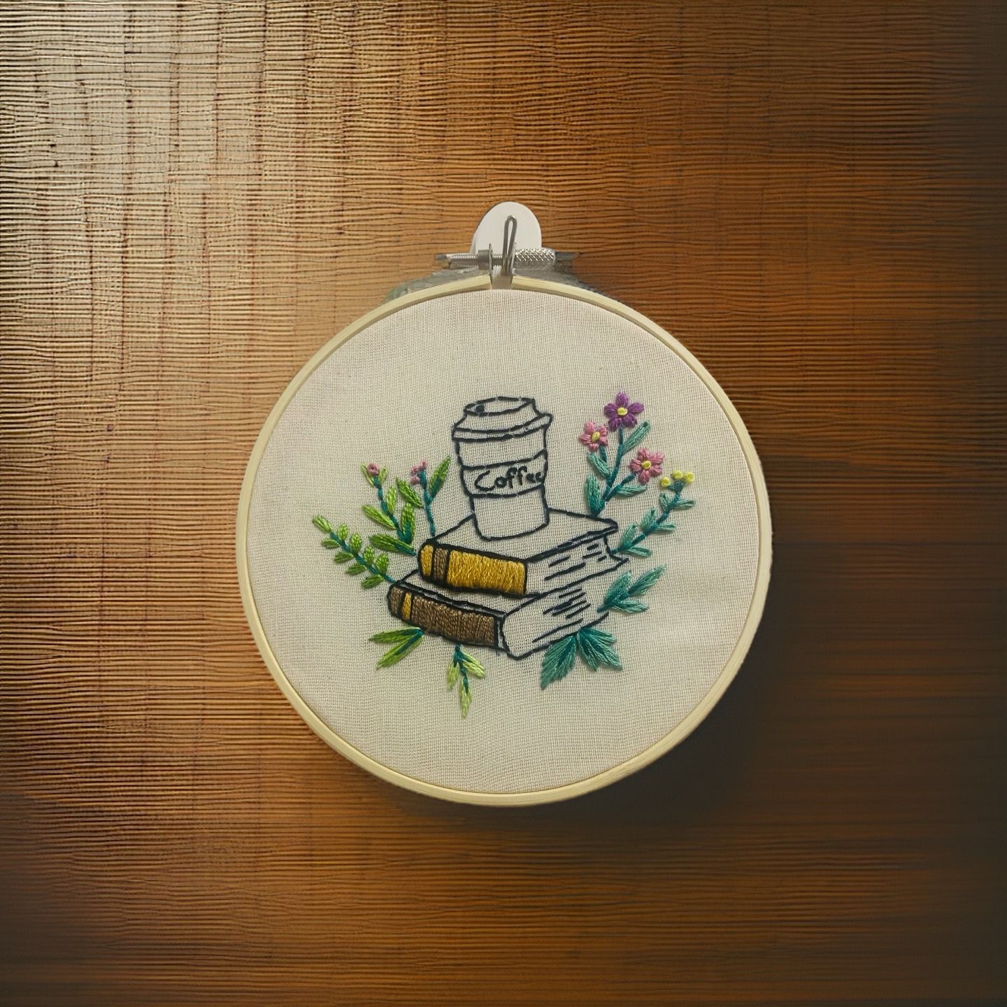 Handmade Coffee and Books Embroidery Art