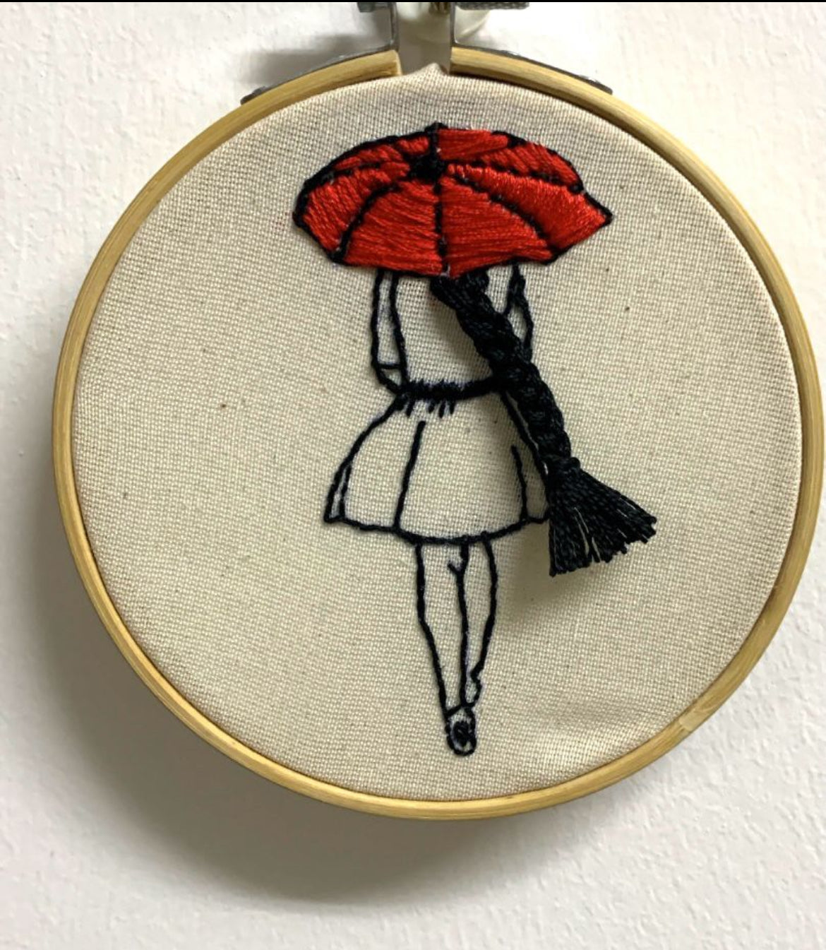 Elegant Monochrome Lady with Red Umbrella Embroidery