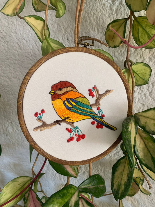 Vibrant Finch Embroidery Hoop Art