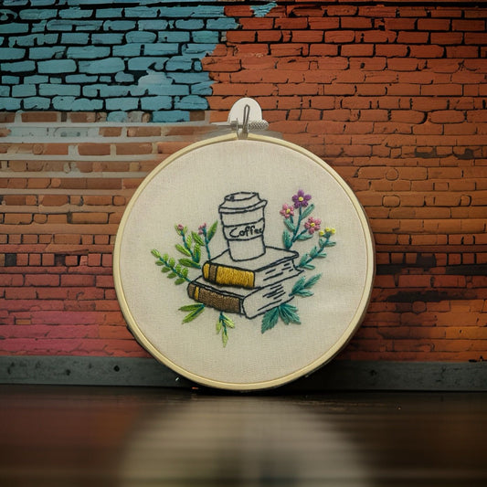 Handmade Coffee and Books Embroidery Art